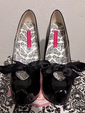 Bordello Black Patent Heart-Cut heels with Ribbon Tie